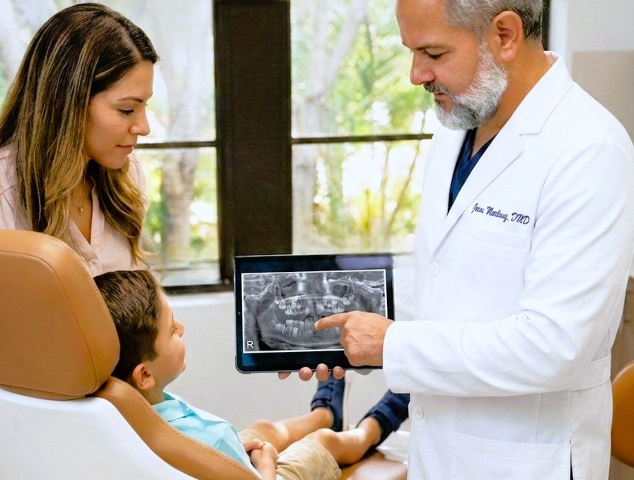 Dr. Martinez performing a clinical orthodontic evaluation in Kendall, explaining panoramic findings to a mother and child.