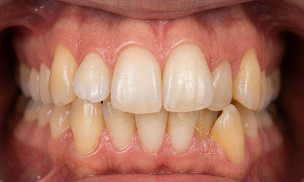Adult braces Miami: Front teeth crowding before orthodontic treatment.