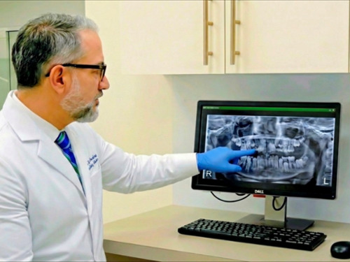 Miami orthodontist Dr. Martinez reviewing digital X-rays to plan precise braces and ClearCorrect treatments in Kendall.